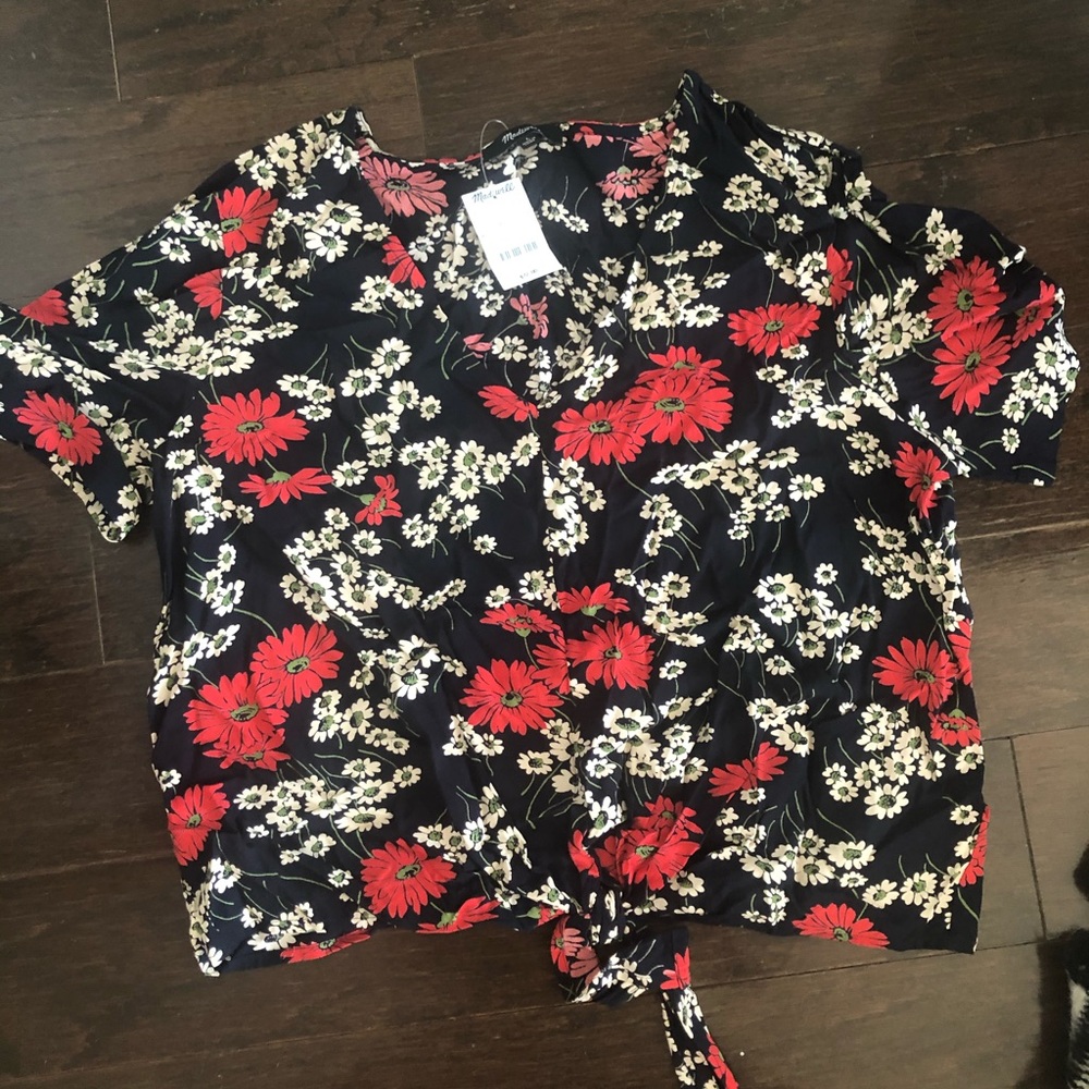 Madewell Navy and Red Tie Front Shirt - Size Large
